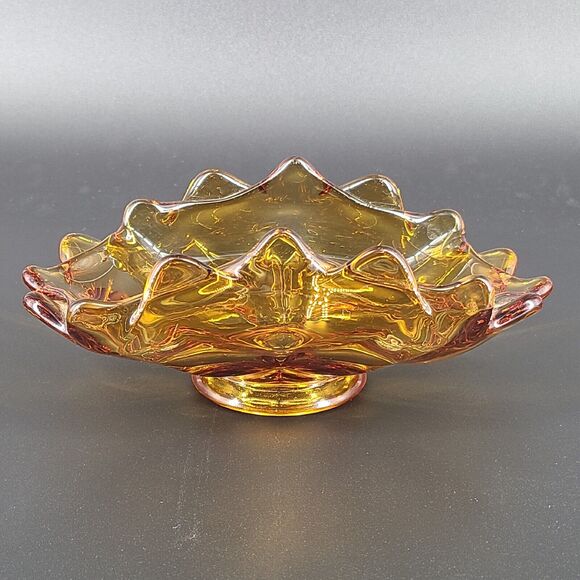 Viking Double Crimped Folded Amber Glass Footed Candy Dish Bowl - Picture 2 of 3